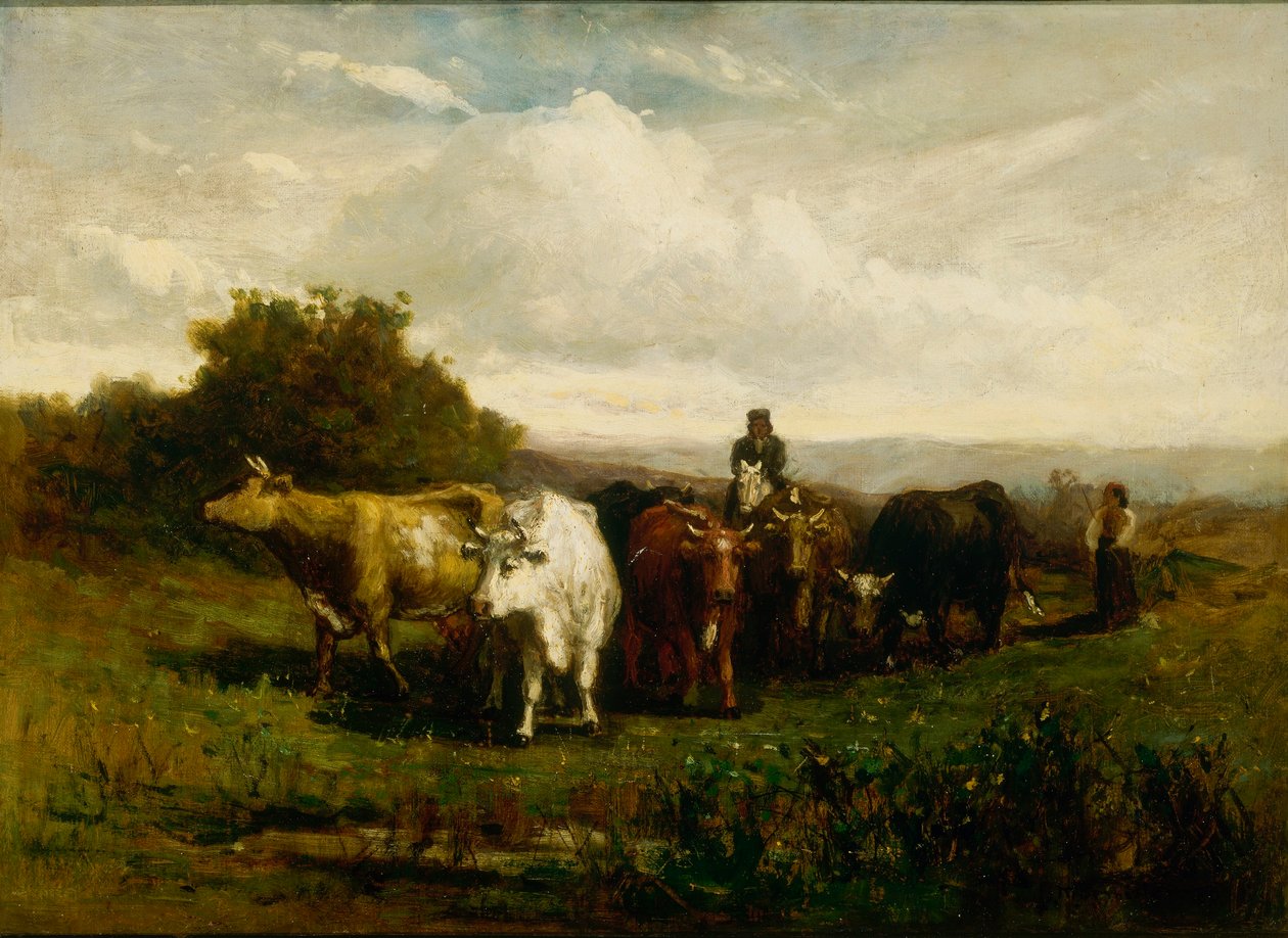 Sem título (homem a cavalo, mulher a pé conduzindo gado) de Edward Mitchell Bannister
