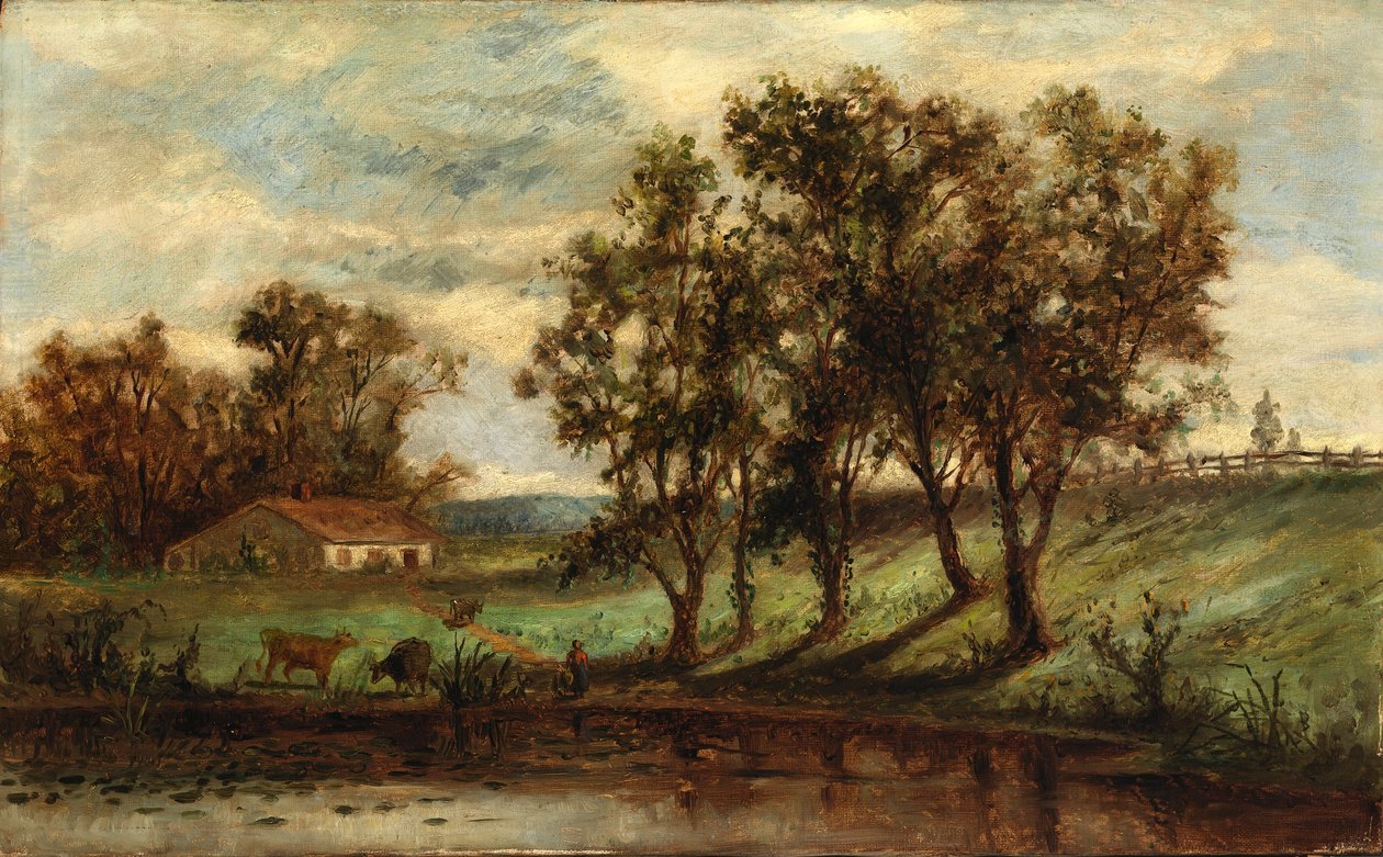 Sem título (homem com vacas a pastar perto de um lago com uma casa e árvores ao fundo) de Edward Mitchell Bannister
