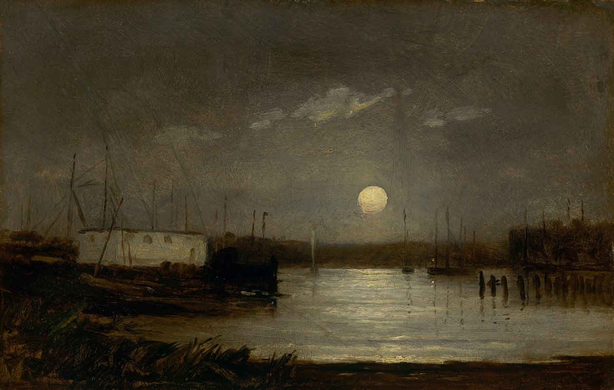 Sem título (lua sobre um porto, cena de cais com lua cheia e mastros de barcos) de Edward Mitchell Bannister