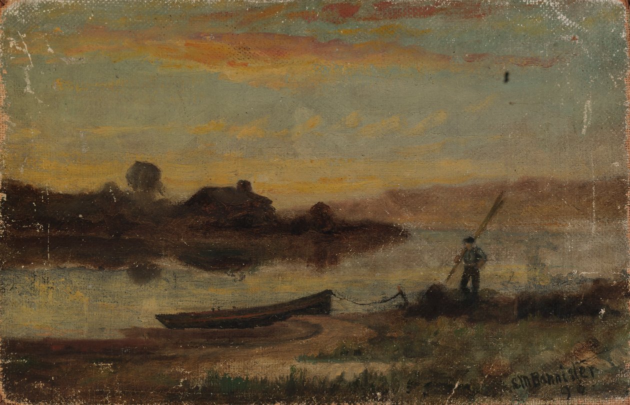 Paisagem sem título, barco atracado junto à margem com homem a caminhar, 1896. de Edward Mitchell Bannister
