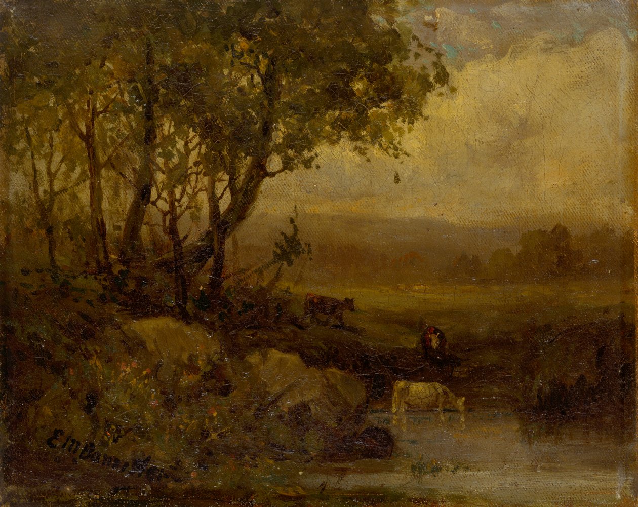 Paisagem sem título, margem do rio, três vacas. de Edward Mitchell Bannister
