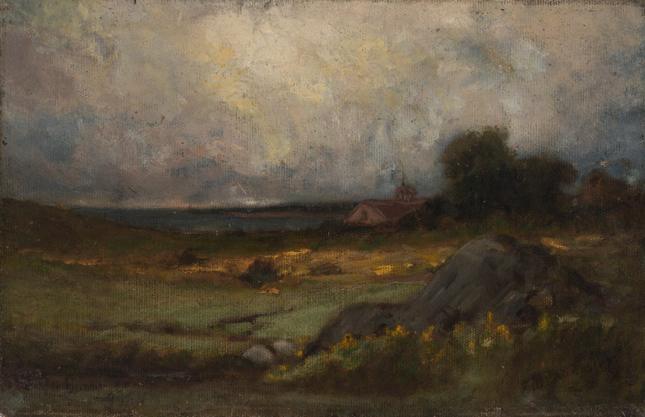 Paisagem sem título com rocha em primeiro plano e telhado com campanário, lago ao fundo, s.d. de Edward Mitchell Bannister