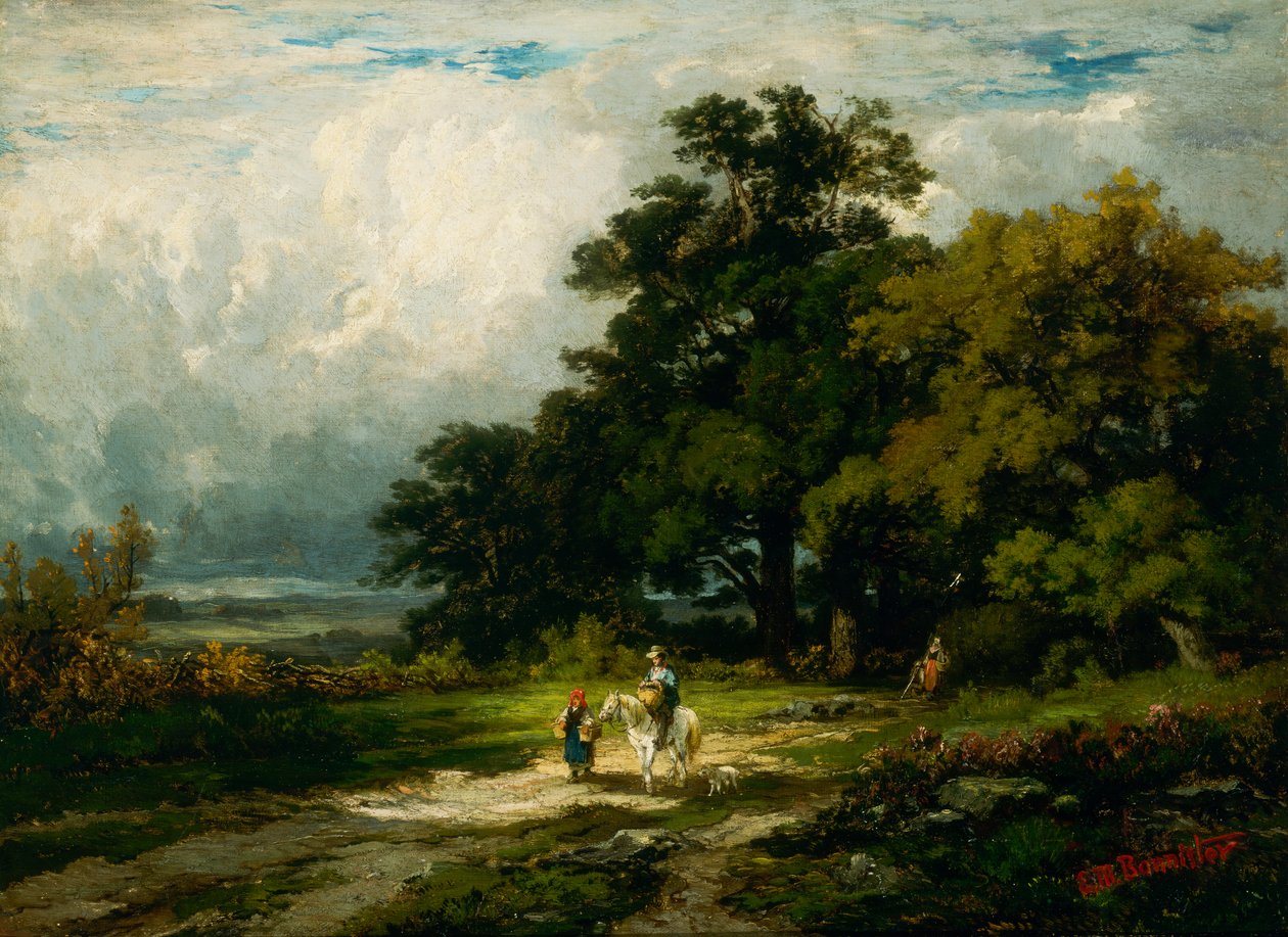 Homem sem título a cavalo com mulher e cachorro. de Edward Mitchell Bannister