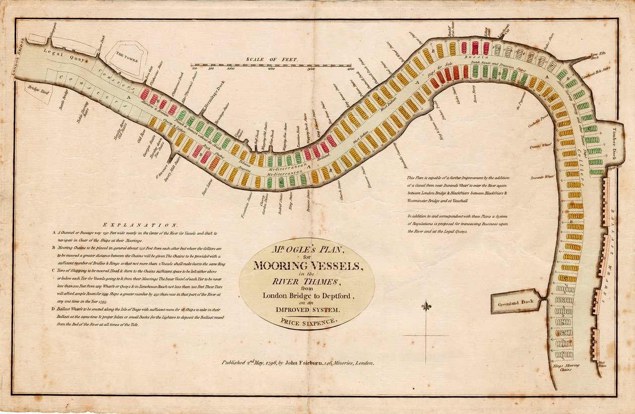 Projeto do Sr. Ogle para a amarração de navios no rio Tamisa, da ponte de Londres a Deptford, segundo um sistema melhorado de Edward Ogle