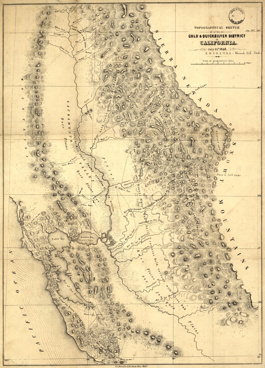 Esboço topográfico do distrito de gold & quicksilver da Califórnia, 1848 de Edward Otho Cresap Ord