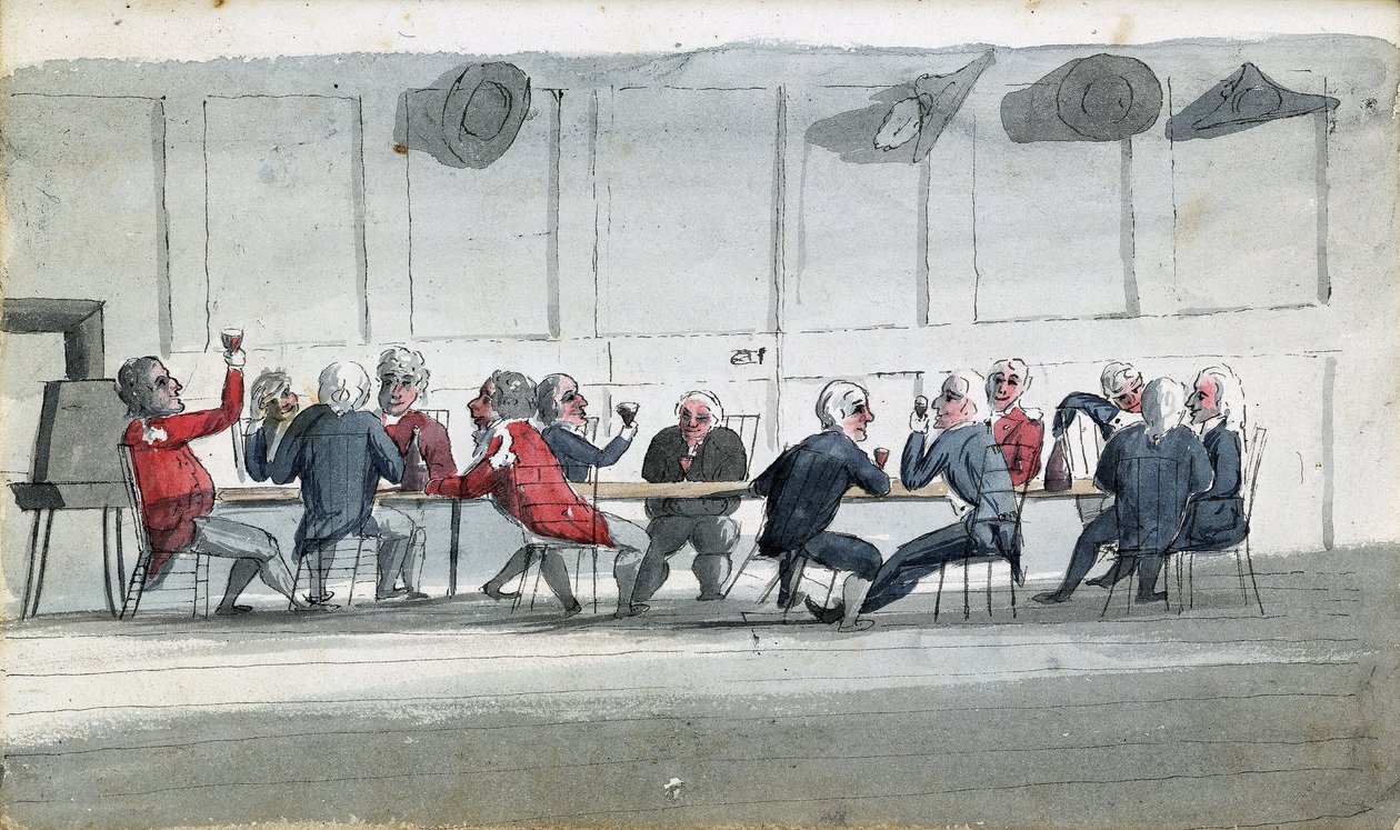 A Messe dos Oficiais, uma banda desenhada que mostra oficiais da Marinha reunidos a beber vinho. Desenho de Edward Pelham Brenton (1774-1839), colorido em aguarela de Edward Pelham Brenton