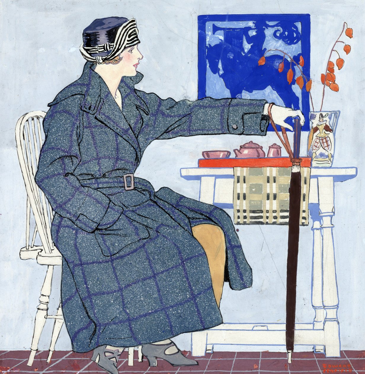 Uma jovem mulher sentada ao lado de uma mesa segurando um guarda-chuva de Edward Penfield