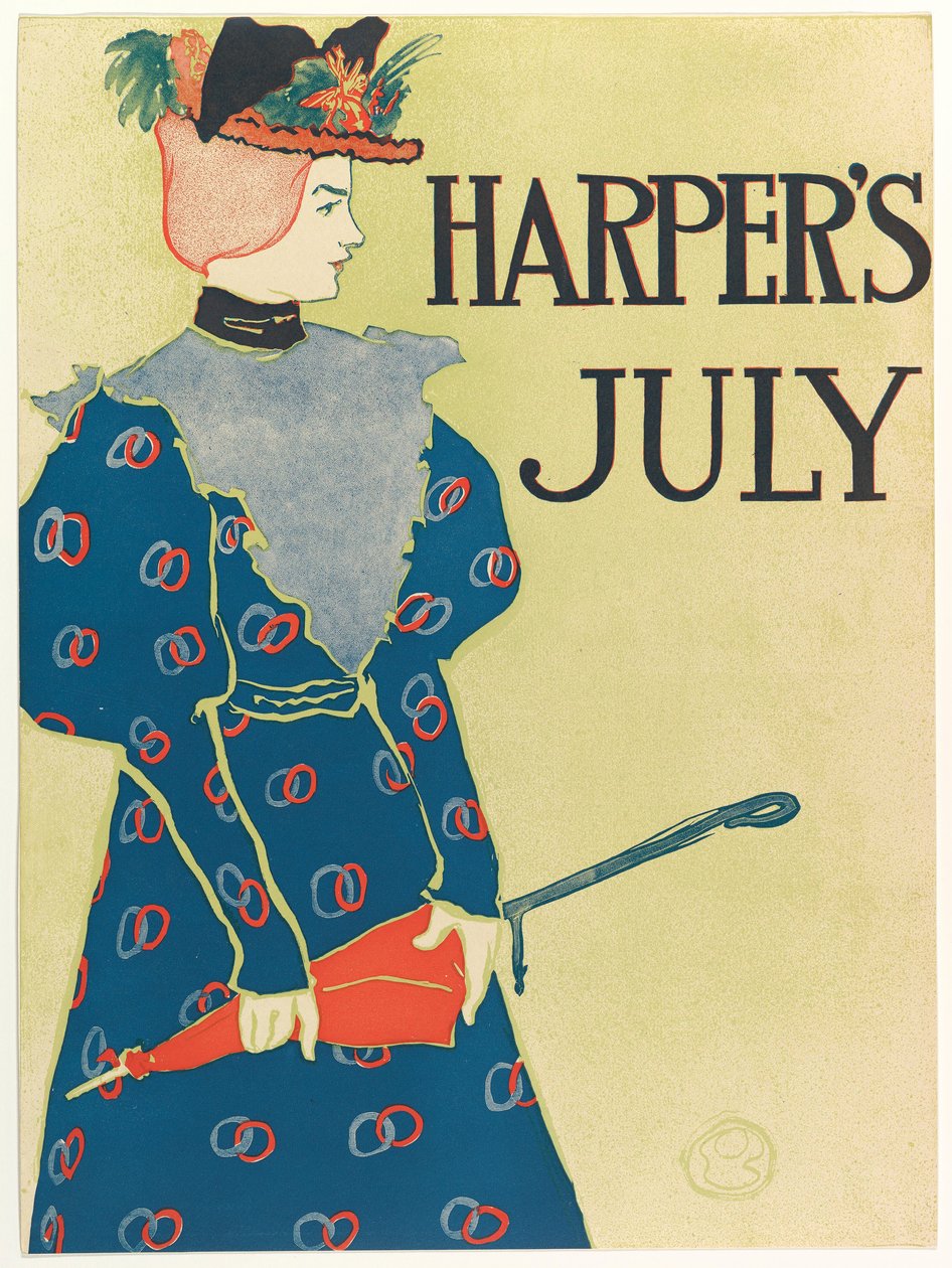 Cartaz publicitário da nova revista mensal da Harper, julho de 1896, pub. 1896 de Edward Penfield
