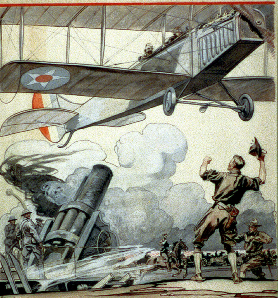 Avião, arma de artilharia e soldados de Edward Penfield