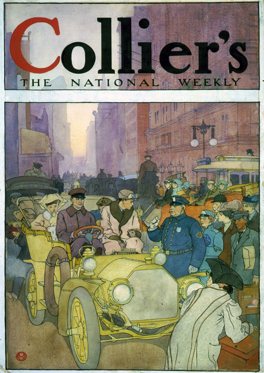 Automóvel na rua cheia de gente. Watercolour por Edward Penfield de Edward Penfield
