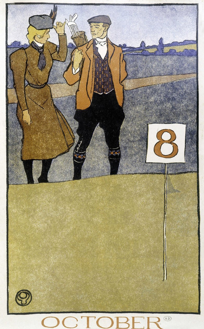 Casal jogando golfe - em "Golf Calendar" por Edward Penfield, ed. 1899 de Edward Penfield