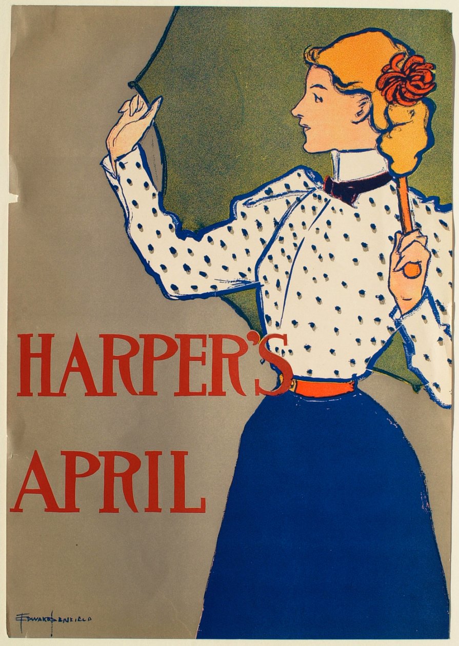 Rapariga de vestido azul com guarda-chuva, abril, Harper