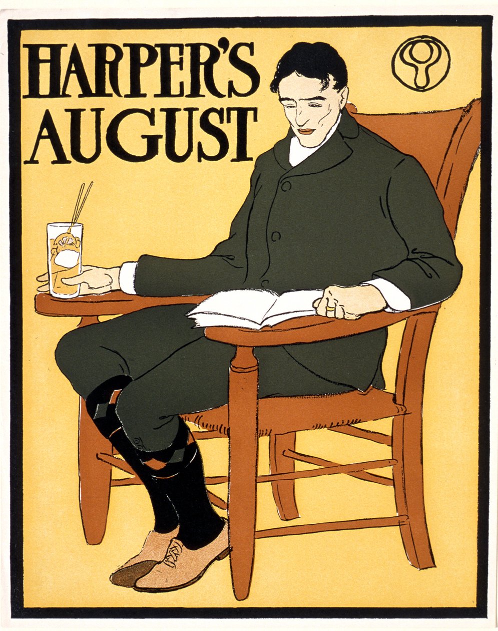Homem sentado numa cadeira cor de laranja, em August Harper de Edward Penfield