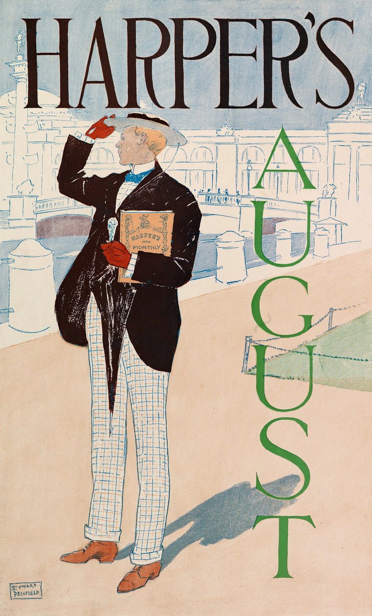 Cartaz publicitário Harpers New Monthly Magazine, agosto de 1893 (litografia a cores) de Edward Penfield