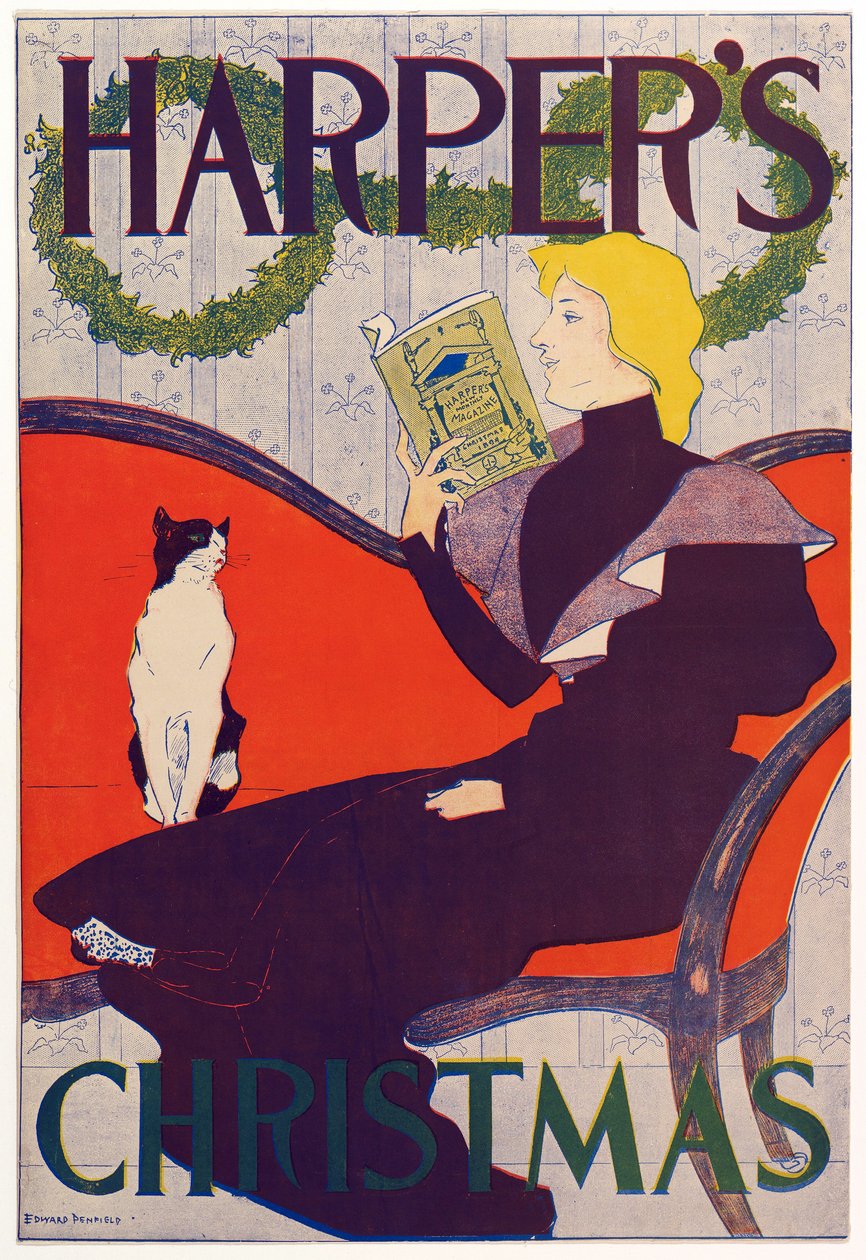 Cartaz publicitário Harpers New Monthly Magazine, Natal de 1894 (litografia a cores) de Edward Penfield