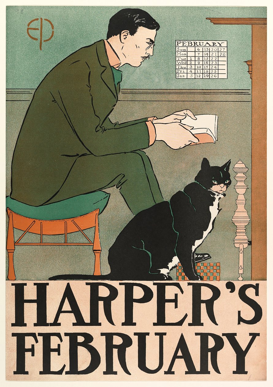 Cartaz publicitário Harpers New Monthly Magazine, fevereiro de 1898 de Edward Penfield