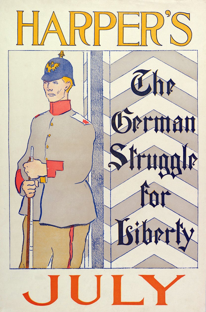 Cartaz publicitário Harpers New Monthly Magazine, julho de 1895 (litografia a cores) de Edward Penfield