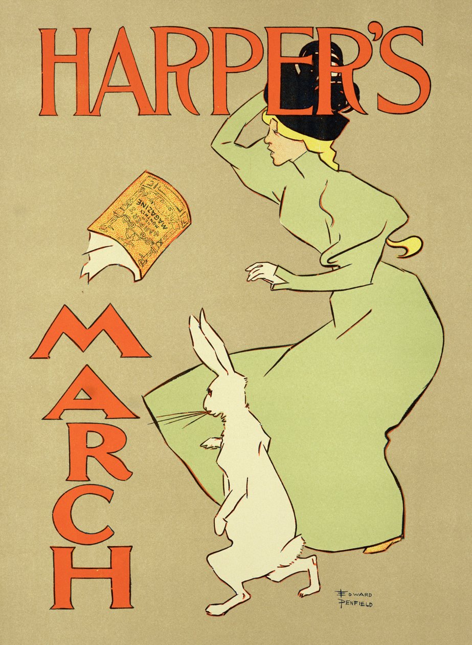 Reprodução de um cartaz publicitário &39;Harper&39;s Magazine, edição de março&39;, americana, 1894 de Edward Penfield