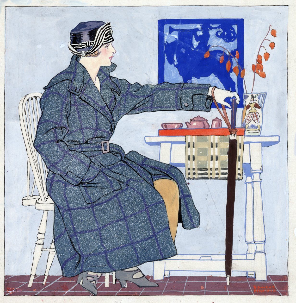 Jovem mulher sentada ao lado de mesa segurando guarda-chuva de Edward Penfield