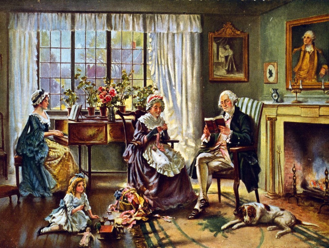 George Washington (1732-1799) Primeiro Presidente dos Estados Unidos da América (1789-1797). Washington em casa com a sua família. Segundo pintura de Edward P. Moran (1862-1935). de Edward Percy Moran
