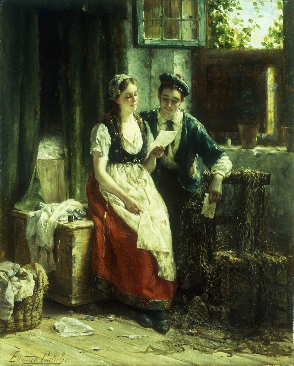 A Carta (óleo sobre painel) de Edward Portielje