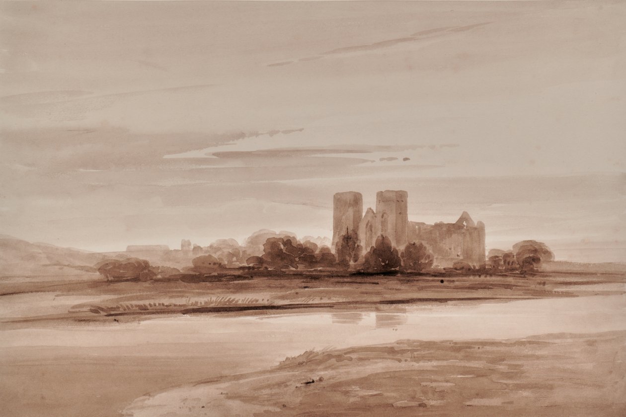 Paisagem com igreja e rio ou lago de Edward Pretty