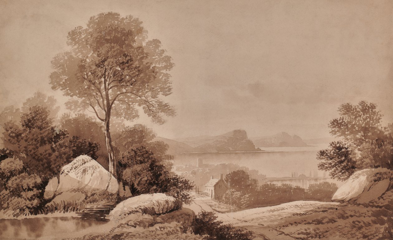 Paisagem com lago e casa de campo de Edward Pretty