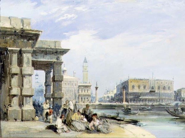 Vista do Piazzetta e do Palazzo Ducale do Dogana di Mare, Veneza (óleo sobre tela) (par de 94869) de Edward Pritchett