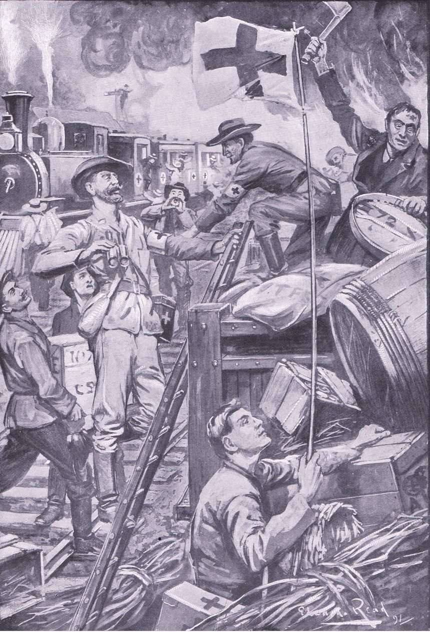 Ambulantes bárbaros destruindo lojas em Komati Foort sob o disfarce da bandeira da Cruz Vermelha, ilustração deAposta Pretoria: A guerra de guerrilha, 1902 de Edward Read