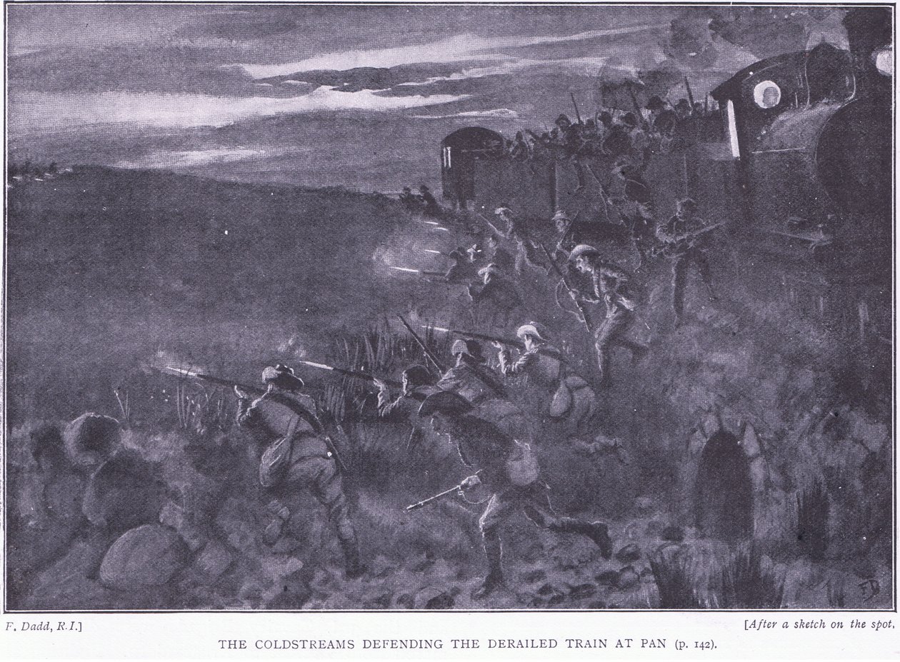 Os Coldstreams defendendo um trem descarrilado, ilustração de After Pretoria: The Guerilla War, 1902 de Edward Read