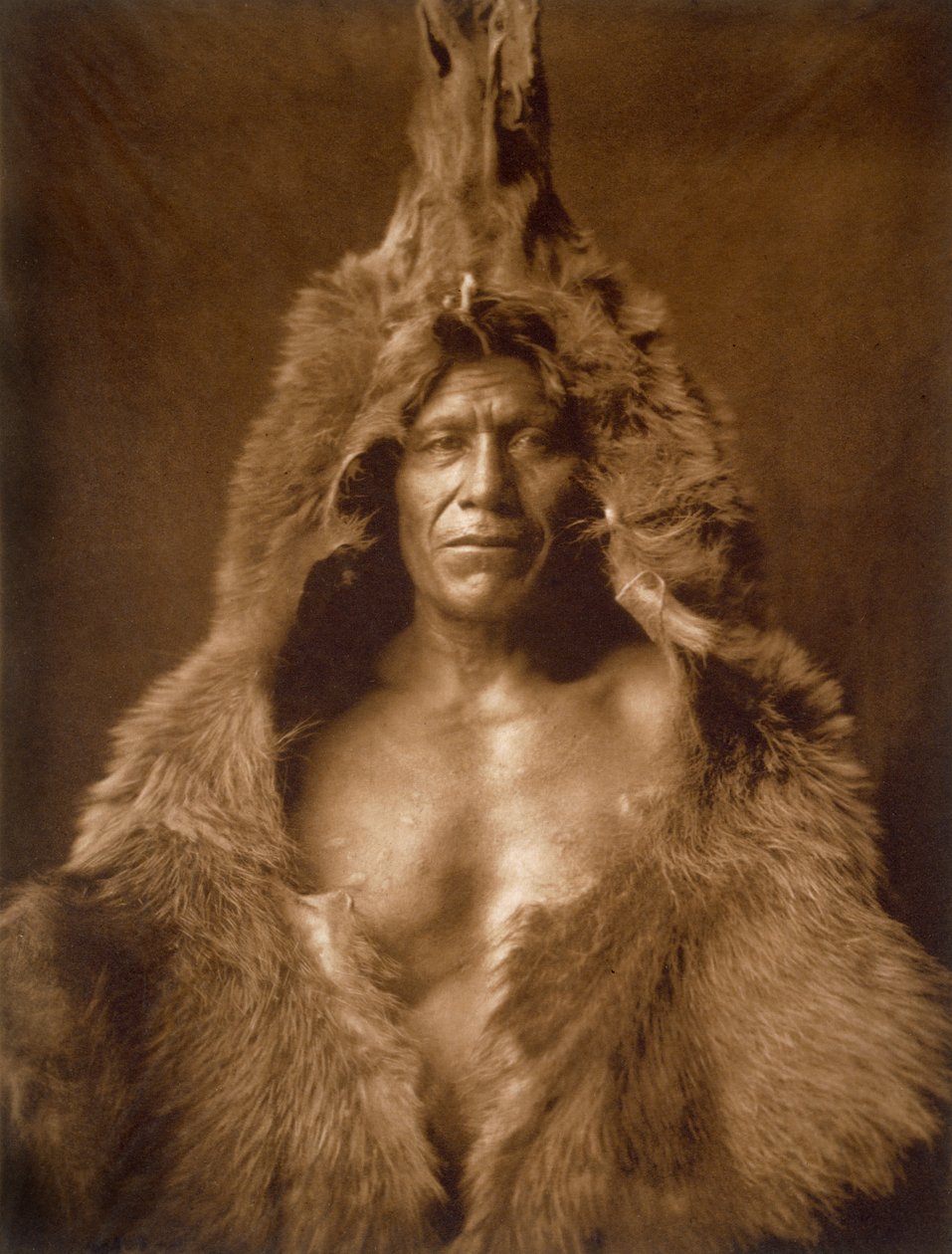 Barriga de urso, da tribo Arikara, embrulhada numa pele de urso de Edward Sheriff Curtis
