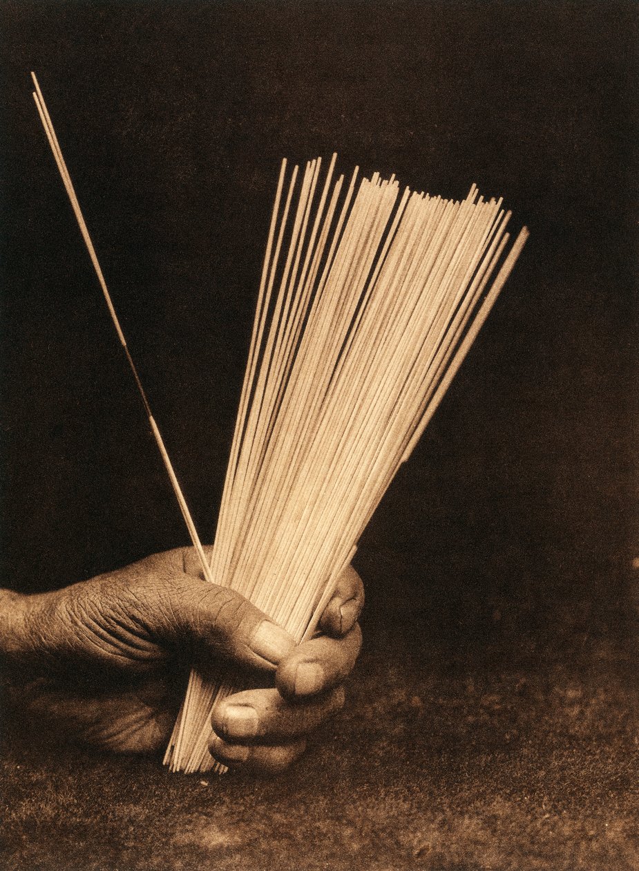 Grande plano da mão de um índio da tribo ou aldeia Hupa segurando varas de adivinhação de Edward Sheriff Curtis