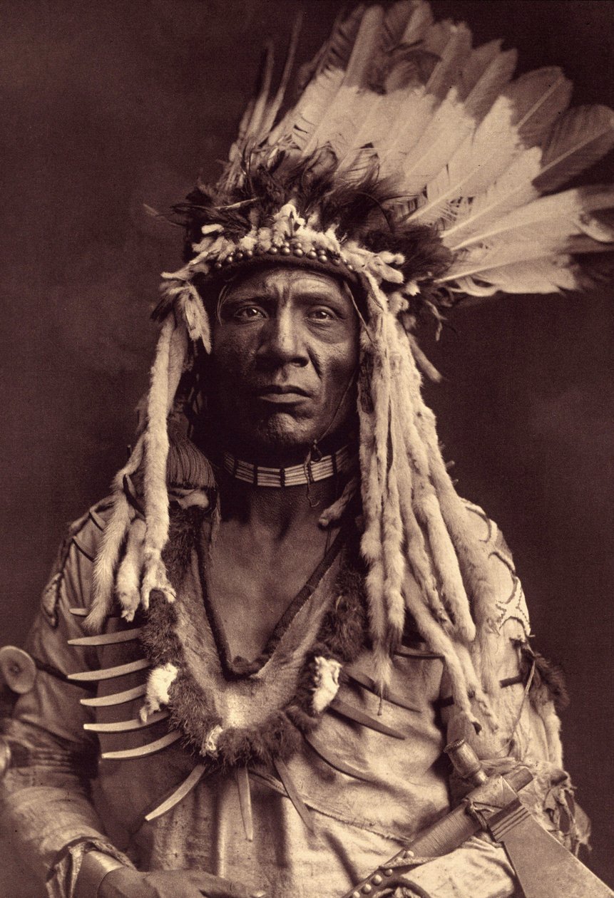 Cauda de Doninha (Apohsuyis). Este Piegan indiano usa a famosa sebe de guerra em penas de águia e pele de doninha, uma túnica de camurça, dois colares, um em osso e outro em garras pardas, e um cachimbo tomahawk. Foto tirada do volume 6 da enciclopédia pub de Edward Sheriff Curtis