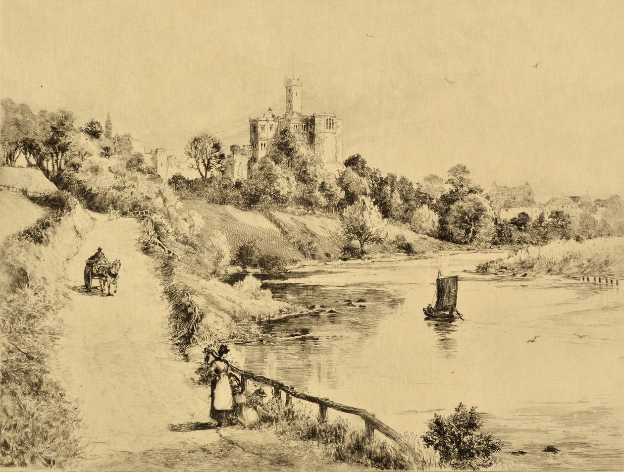 O Coquet: Castelo de Warkworth desde a estrada para Amble, c.1880 (gravura) de Edward Slocombe