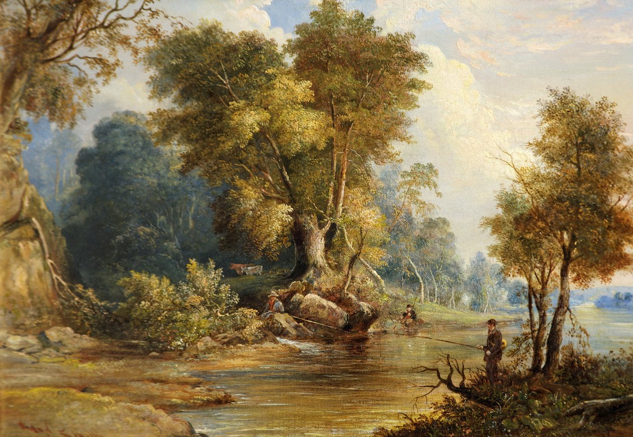 Cena do rio com pescadores, o Leadon, Gloucestershire, c.1880 de Edward Smith