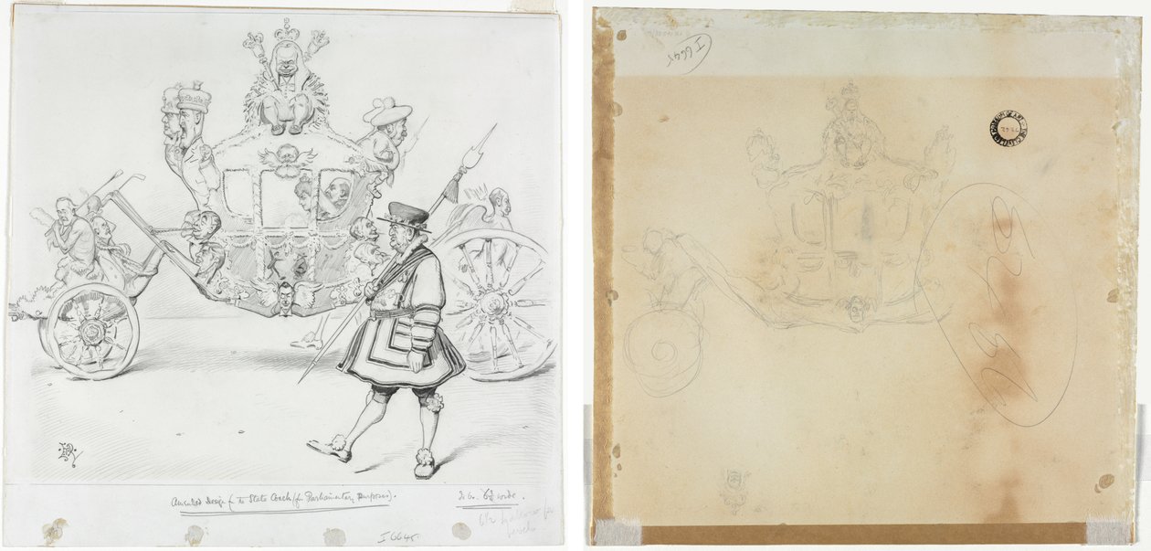 A diligência para fins parlamentares (reto) Estudo para a cabina e roda dianteira esquerda da carruagem e estudo para a cabeça da figura coroada sentada em cima da carruagem (verso) de Edward Tennyson Reed