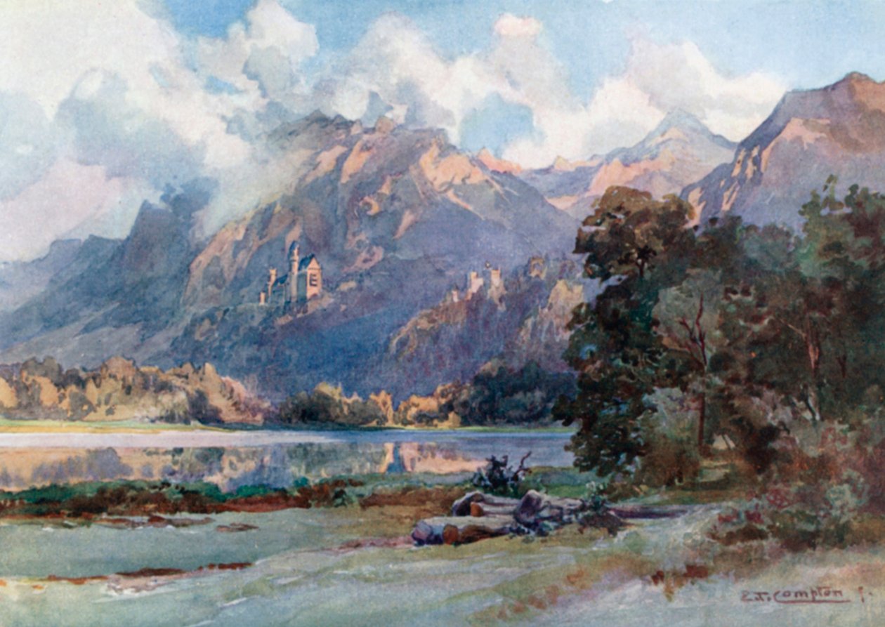 Neuschwanstein e Hohenschwangau (litografia a cores) de Edward Theodore Compton