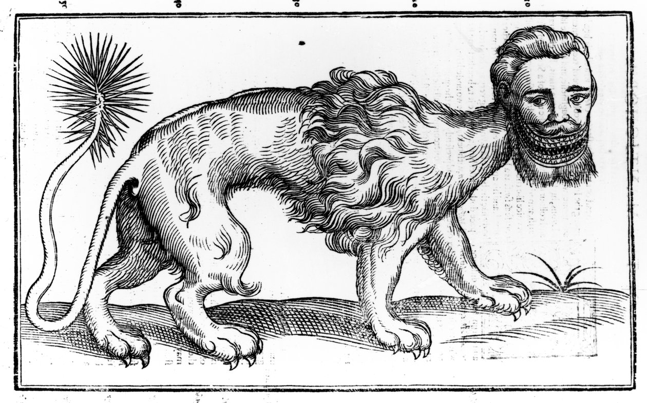 Manticore de "Historie of Foure-Footed Beastes", de Edward Topsell, publicado em 1607 de Edward Topsell