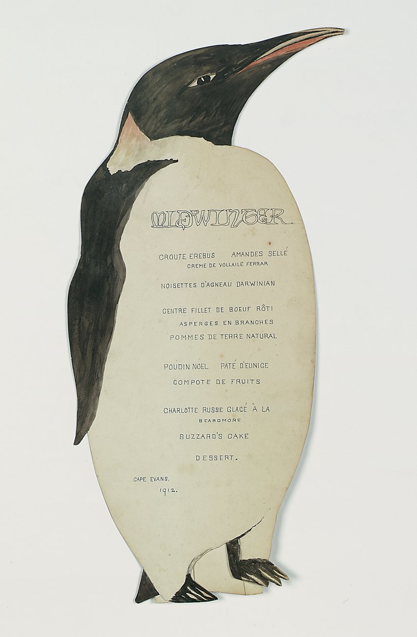 Menu em forma de pinguim-imperador, para o jantar do solstício de inverno, Cabo Evans, 22 de junho de 1912 (caneta e guache no cartão) de Edward W. Nelson