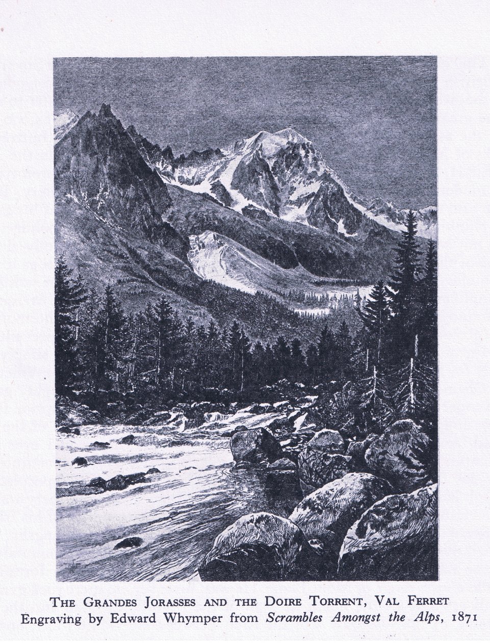 O Grande Jorasses e o Doire Torrent, Val Ferrett, da British Adventure, publicado por Collins, 1947 de Edward Whymper