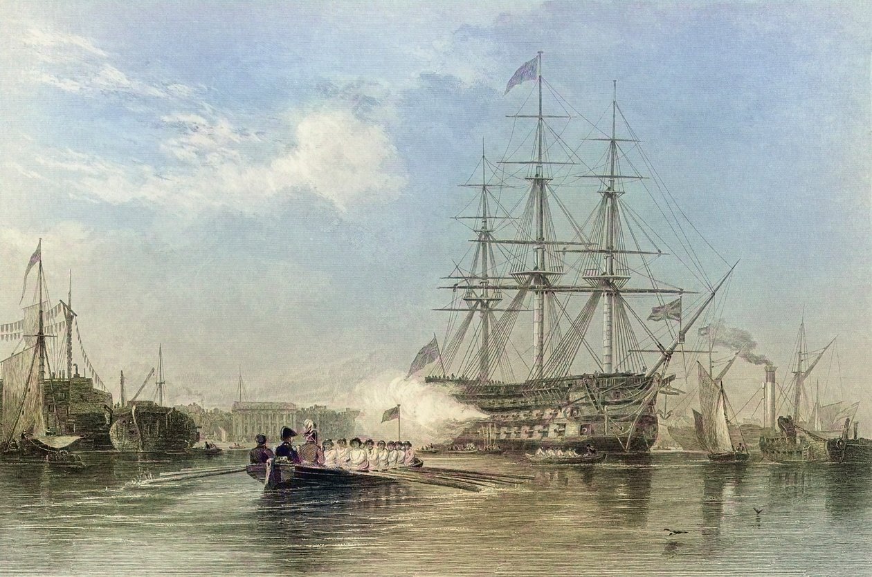 Nau capitânia da Marinha britânica saudando no porto de Gosford, Inglaterra. Século XIX (gravura) de Edward William (after) Cooke