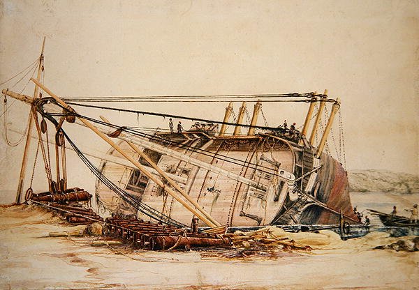 Um brigue encalhado (aguarela sobre papel) de Edward William Cooke