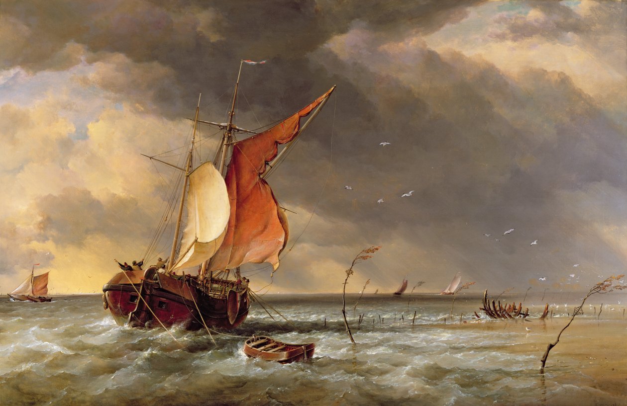 Um Galliot holandês encalhado em um banco de areia no Bies Bosch, Holanda, 1878 de Edward William Cooke