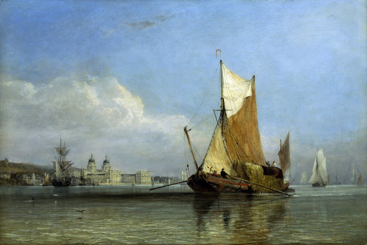 Uma barcaça cheia de feno ao largo de Greenwich, no Tamisa (Inglaterra), um tipo de barco de fundo chato, prático para entrar nos riachos das quintas de Suffolk e Margate, ia e vinha até ao coração de Londres para fornecer feno a centenas de cavalos da cap de Edward William Cooke