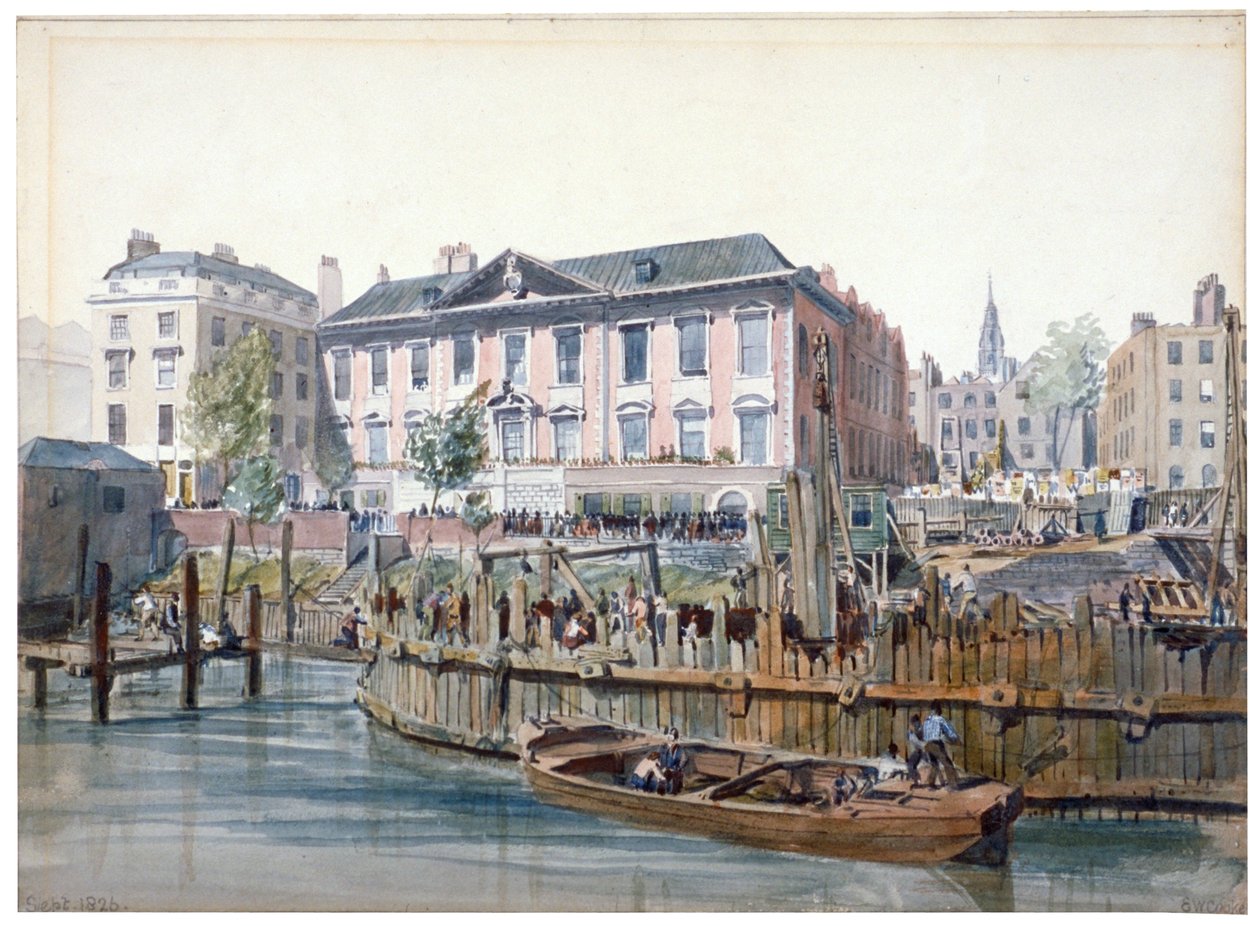 Construção da ponte de Londres, 1826 de Edward William Cooke