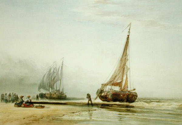 Barcos de Pesca Holandeses na Praia com Grupos de Pescadores de Edward William Cooke
