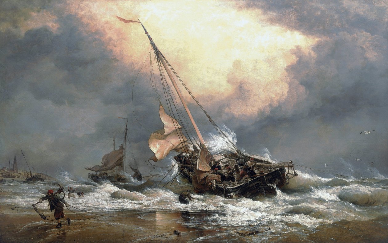 Pescadores a puxar os seus barcos na costa do Mar do Norte, perto de Scheveningen (Holanda). Óleo sobre tela de Edward William Cooke