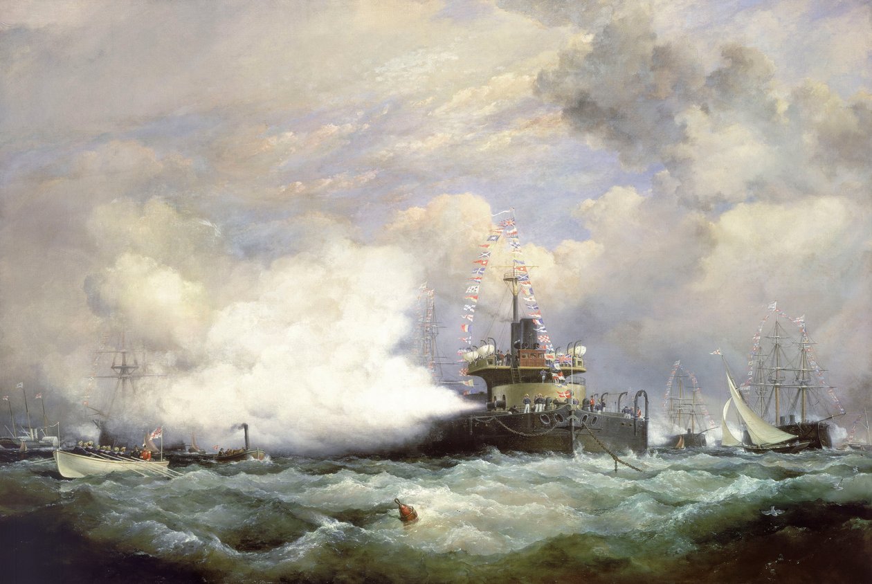 Navio de torreta HM "Devastation" em Spithead por ocasião da revista naval em honra do Xá da Pérsia, 23 de junho de 1873 de Edward William Cooke