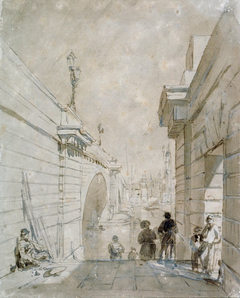 London Bridge, olhando para o norte do patamar superior dos degraus perto da Tooley Street, 1833 de Edward William Cooke