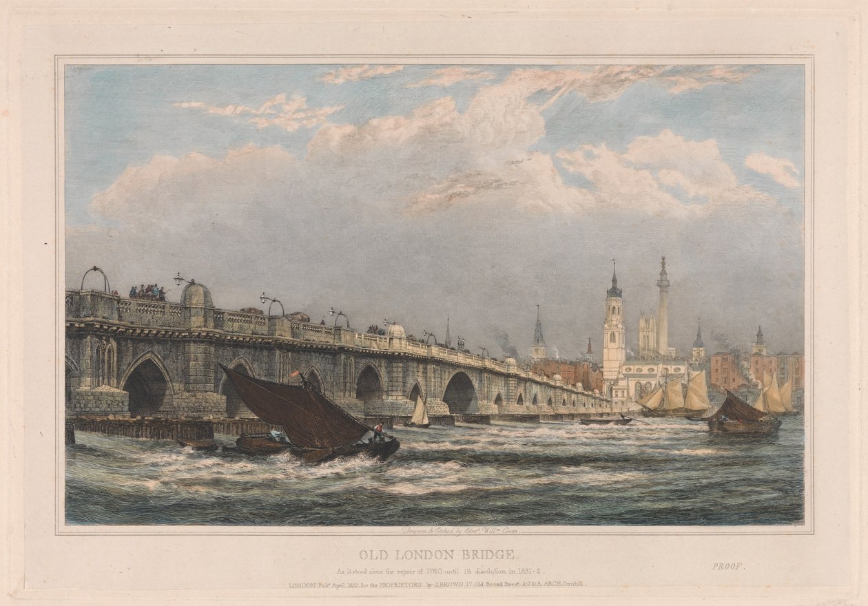 A antiga London Bridge após a reparação de 1700 até 1831/1832 de Edward William Cooke